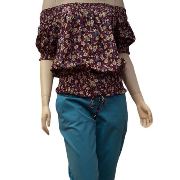 Off Shoulder Floral Short Sleeve Lace Up  Waist Colorful Summer Top NEW - Picture 3 of 4